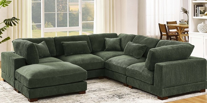 6 Seater Green Modular Corner Sofa L Shaped with 1 Ottoman