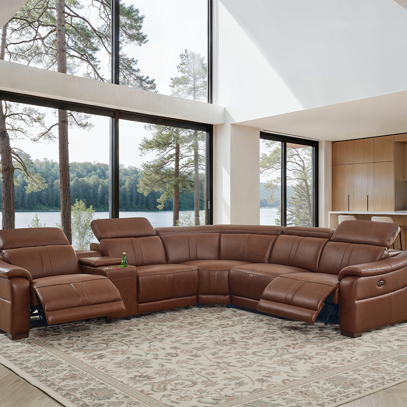 Brown Leather-Matched Power Reclining Sectional Sofas