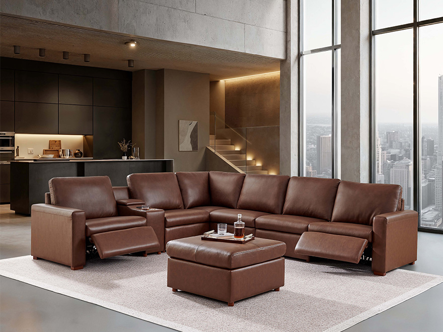 7 Seater Brown Leather-Matched Modular Couch with Ottoman & Cup Holder