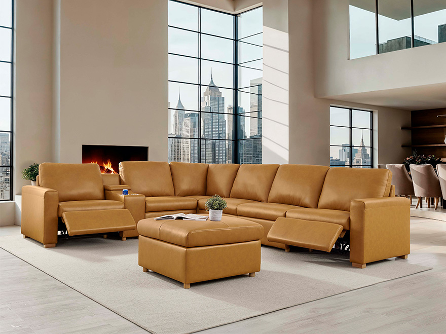7 Seater Leather-Matched L Shaped Modular Sofa with Ottoman & Cup Holder