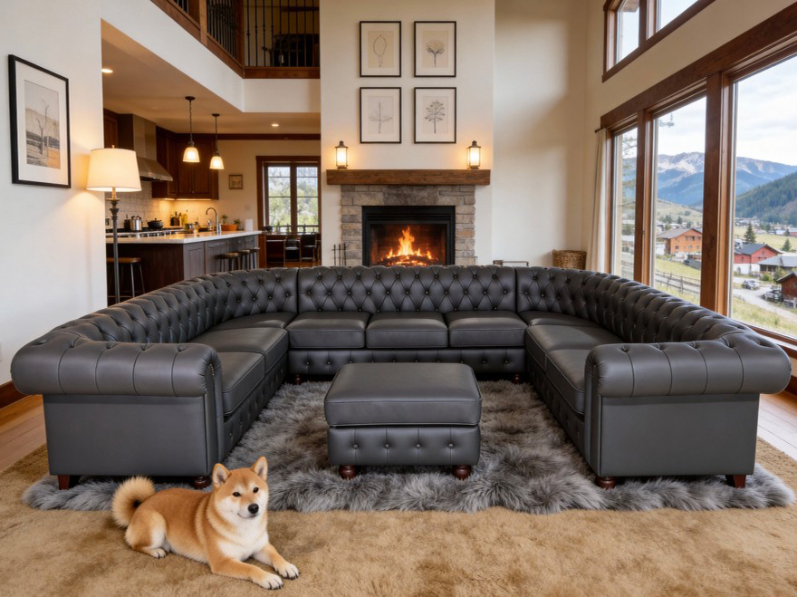 7 Piece Blue-Gray Leather-Matched Modular Couch for Living Room