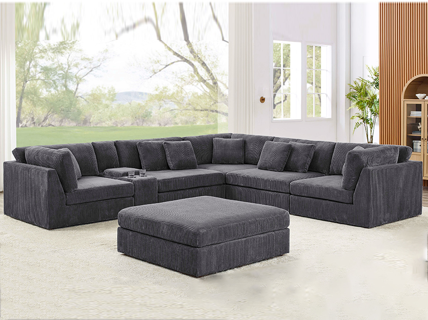 Modular Sectional 6 Seat Corner Modular Couch  with Ottoman & Cup Holder