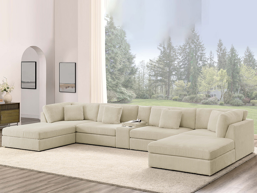 Corduroy 6-Seater Modular Sectional Sofa Bed Couch with Ottoman & Cup Holder