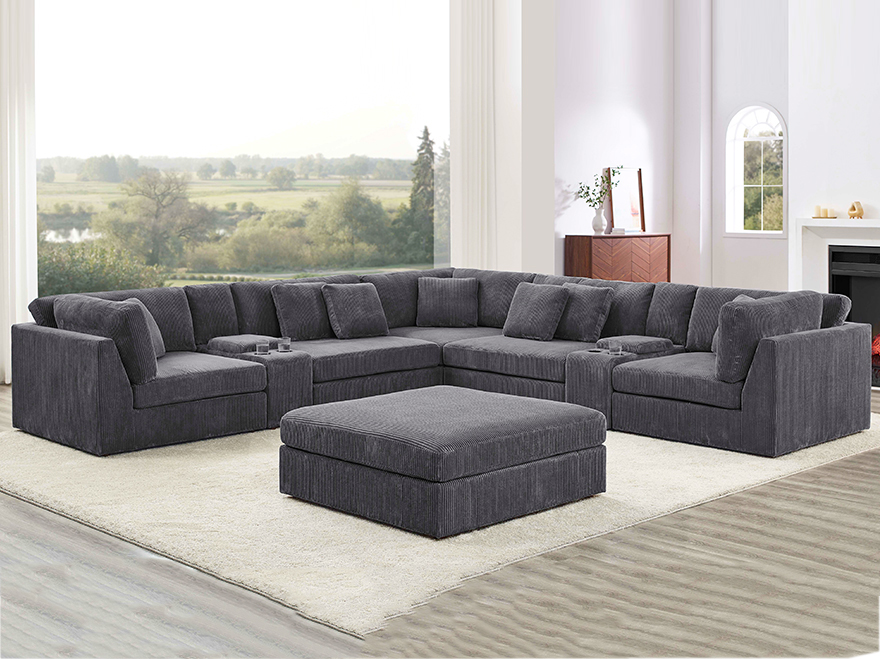 6 Seater  Modular Corner Lounge with Ottoman & 2 Cup Holder