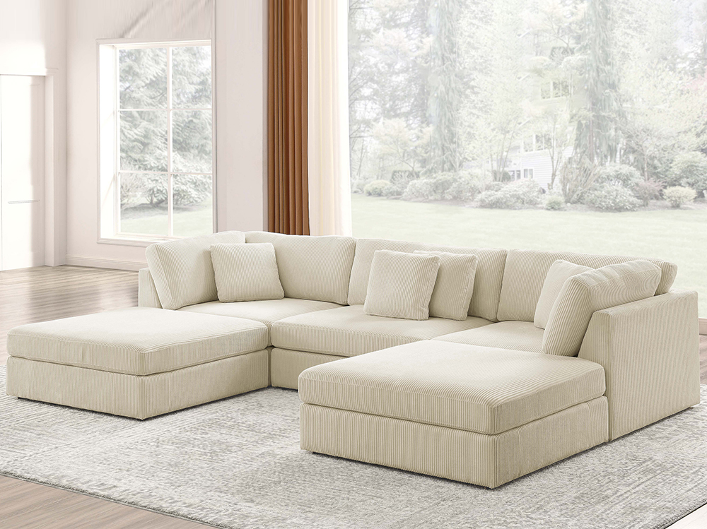 5 Piece L Shaped Corduroy Modular  Couch with Ottoman