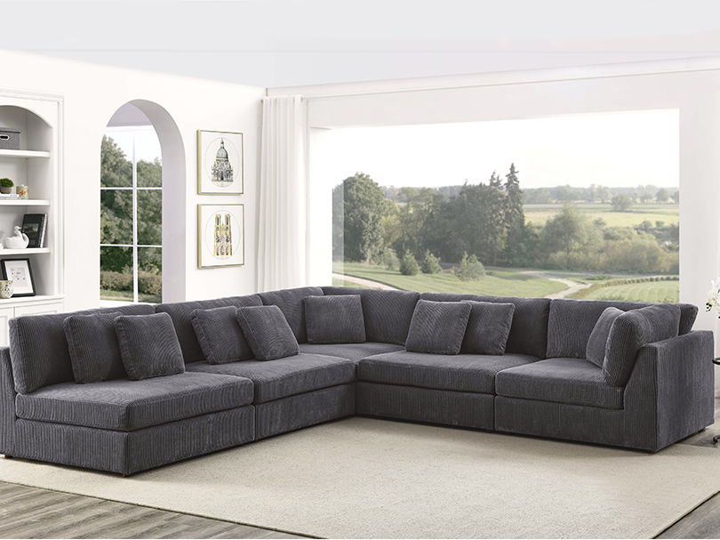 5 Seater Corduroy Modular Sofa Corner Sofa with Curved Corner