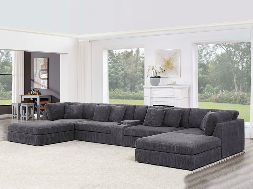 Corduroy 6-Seater Modular Sectional Sofa Bed Couch with Ottoman & Cup Holder