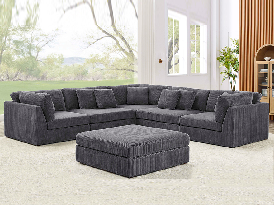 6 Seat L Shaped Modular Sofa with Ottoman for Living Room