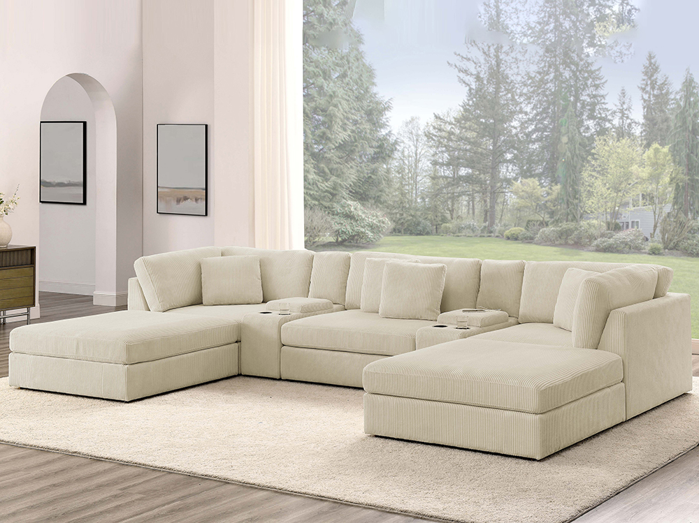 Modular 5 Seater Sofa L Shaped Corduroy Curved Corner Lounge with Ottoman & Cup Holder