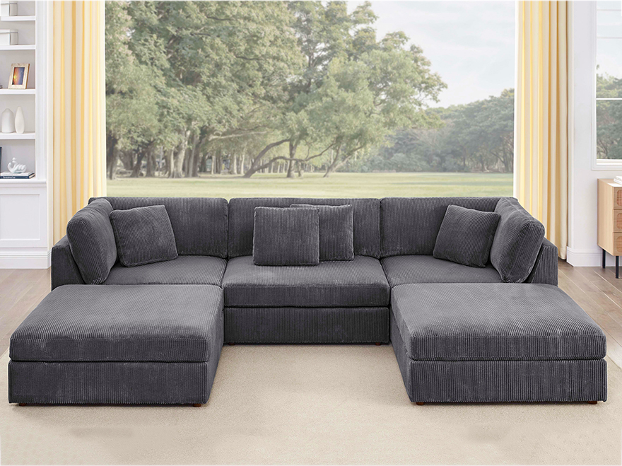 5 Piece L Shaped Corduroy Modular Couch with Ottoman