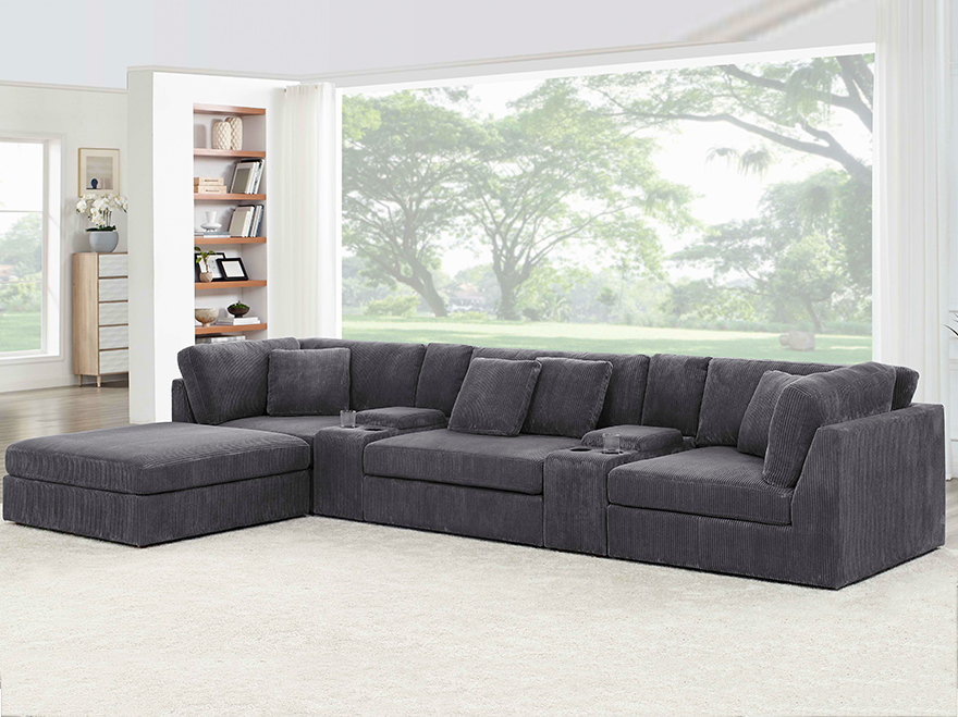 4 Seater Modular Sofa Corner Curved Sectional Sofa with Ottoman & 2 Cup Holder