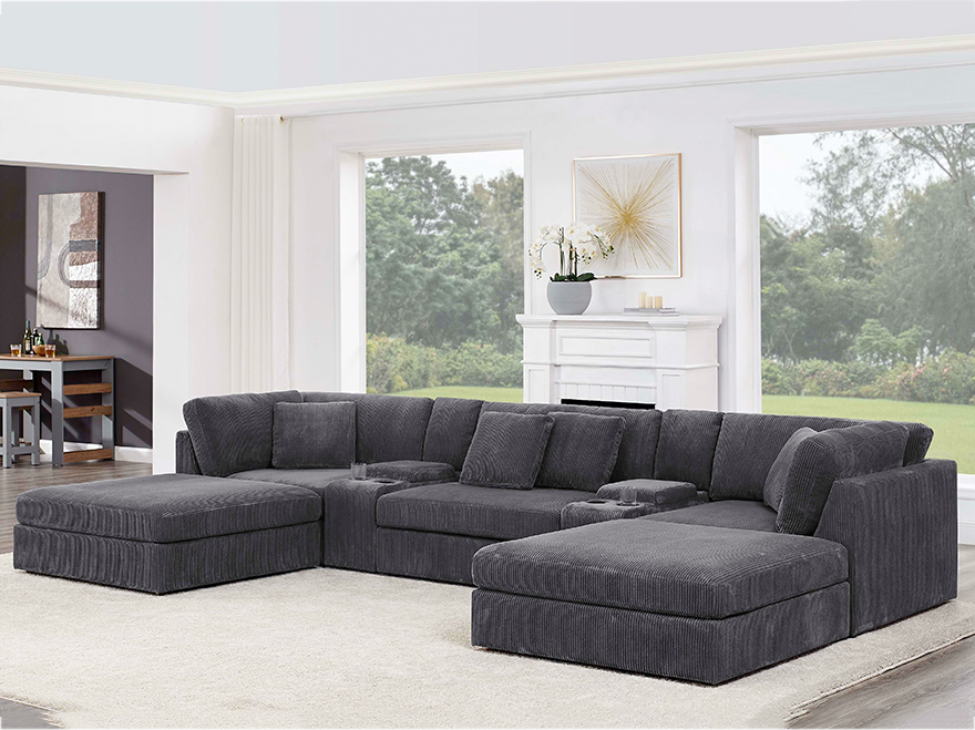 Modular 5 Seater Sofa L Shaped Corduroy Curved Corner Lounge with Ottoman & Cup Holder