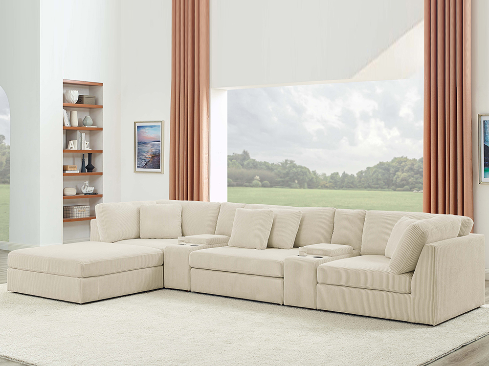 4 Seater Modular Sofa Corner Curved Sectional Sofa with Ottoman & 2 Cup Holder