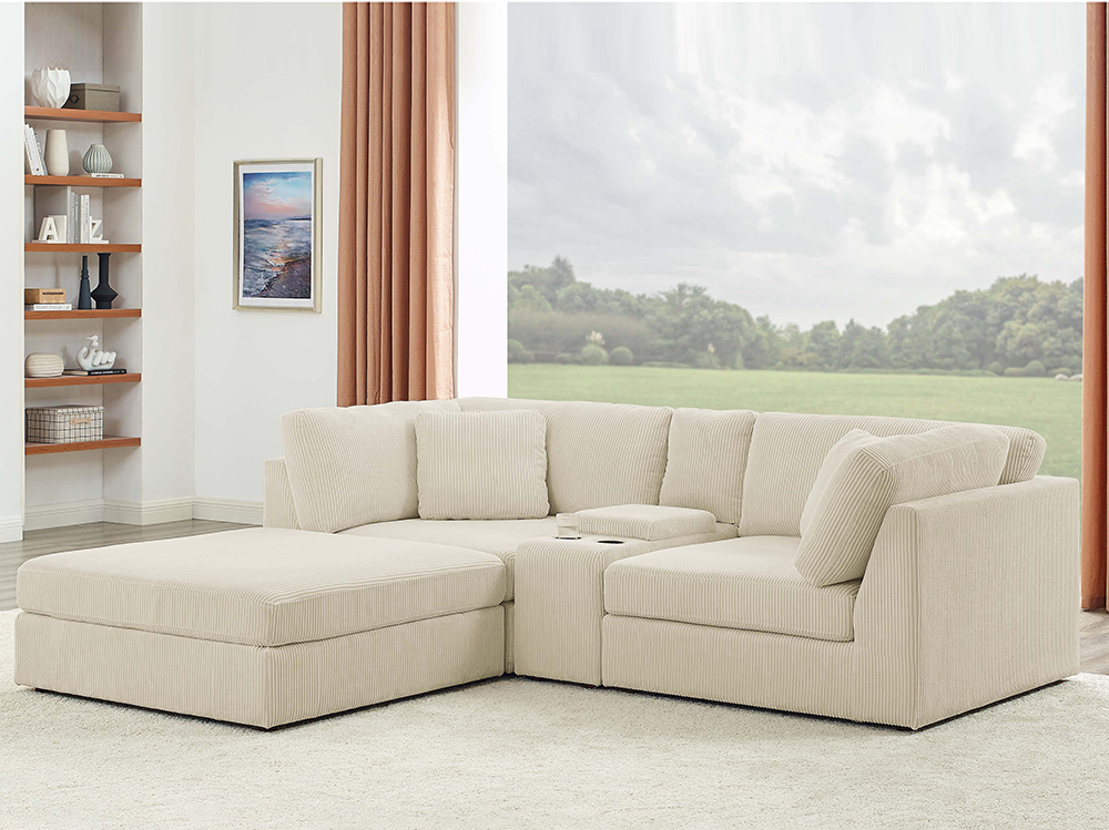 Multifunctional Modular L Shaped Sofa with 1 Ottoman & 1 Cup Holder and Storage Console