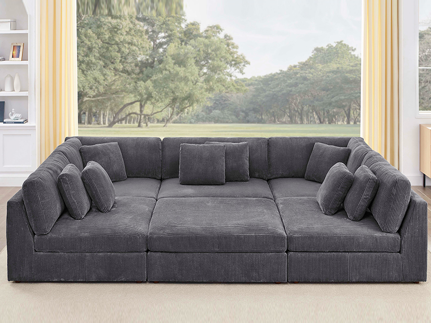 6-Seater Corduroy Modular Corner Sectional Sofa Bed Couch with Ottoman