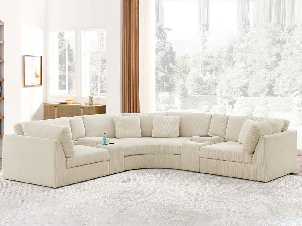 Multifunctional Modular L Shaped Sofa with 1 Curved Sofa & 2 Cup Holder and Storage Console