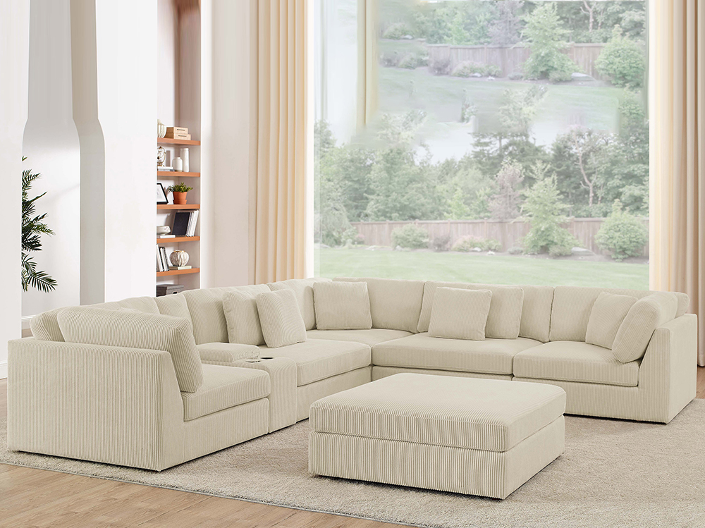 Modular Sectional 6 Seat Corner Modular Couch  with Ottoman & Cup Holder